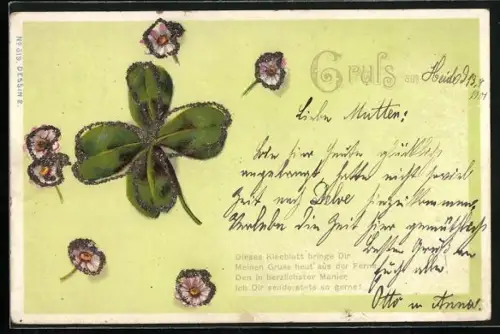 Glitzer-Perl-AK Kleeblatt und Blumen mit Glitzer-Perlen, Gruss aus