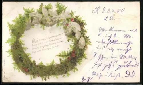 Glitzer-Perl-AK Glitzernder Kranz mit weissen Blumen umrahmt ein Gedicht, Meine besten Segenswünsche Flecht ich in...