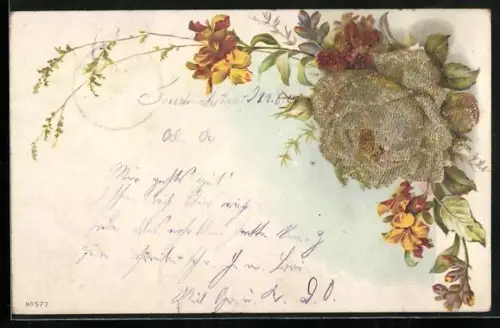 Glitzer-Perl-AK Weisse Rose mit Perlen und weiteren Blumen