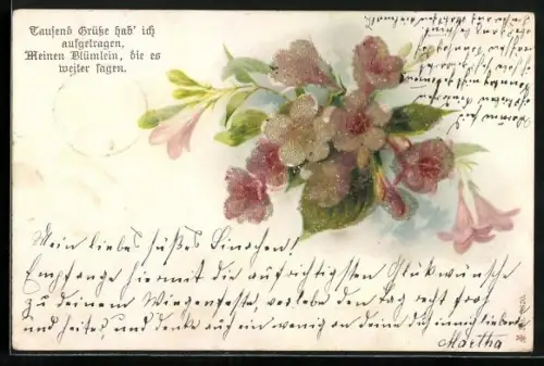 Glitzer-Perl-AK Glitzernde rosane Blümchen mit Gedicht, Tausend Grüsse hab ich aufgetragen...
