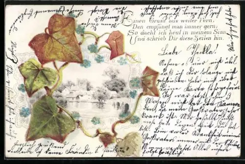 Glitzer-Perl-AK Idyllische Flusslandschaft umrahmt von glitzernden Efeublättern