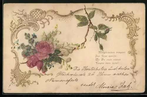 Glitzer-Perl-AK Strauch aus Rosen und Vergissmeinnicht mit Glitzer-Perlen
