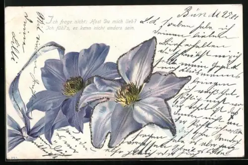 Glitzer-Perl-AK Lilane Blüten mit Glitzer-Perlen, Ich frage nicht: Hast du mich lieb? Ich fühls...