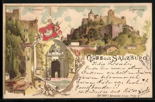 Lithographie Salzburg, Neuthor, Drathseilbahn, Wappen