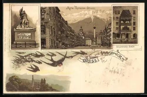 Lithographie Innsbruck, Goldenes Dachl, Maria-Theresien-Strasse