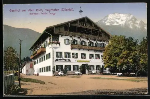 AK Mayrhofen /Zillertal, Gasthof zur alten Post mit Bergpanorama