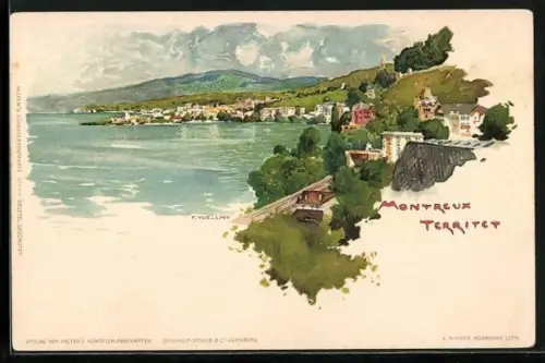 Künstler-AK Fritz Voellmy: Montreux Territet, Teilansicht