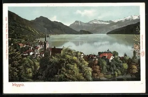 AK Weggis, Partie an der Kirche, Gebirgspanorama