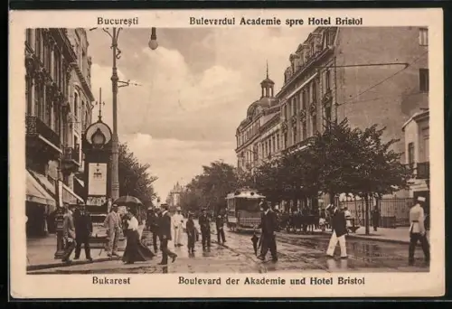 AK Bukarest, Boulevard der Akademie mit Hotel Bristol und Strassenbahn