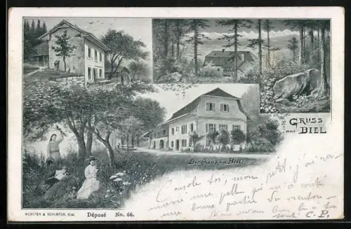 AK Biel /BE, Restaurant Berghaus, Mehrfachansicht, Frauen und Junge auf der Wiese