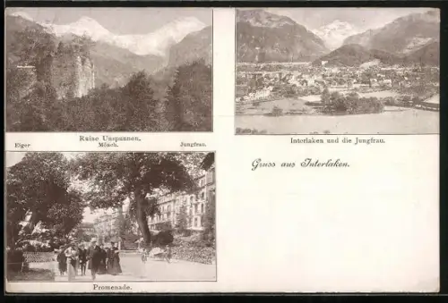 AK Interlaken, Panorama mit Jungfrau, Ruine Unspunnen mit Mönch, Eiger und Jungfrau