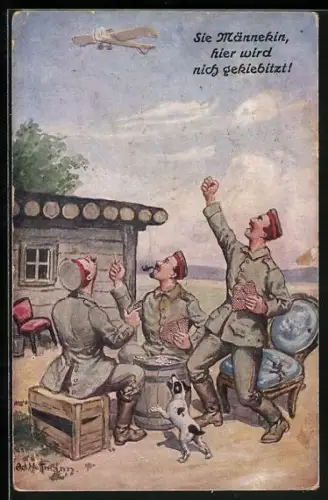 Künstler-AK Ad. Hoffmann: Soldaten beim Kartenspiel regen sich über Flugzeug auf