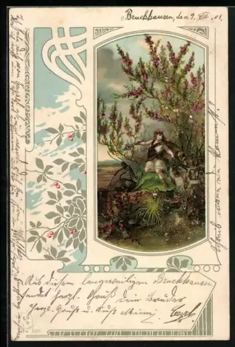 AK Jugendstil, Mann auf dem Blatt mit tanzenden Käfern