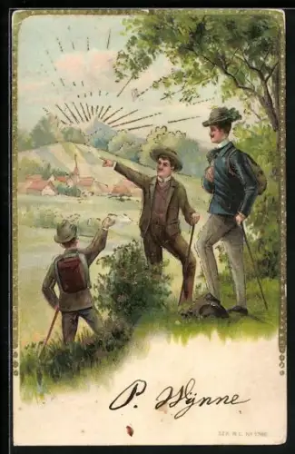 Lithographie Drei Wanderburschen, Lob des Wanderns