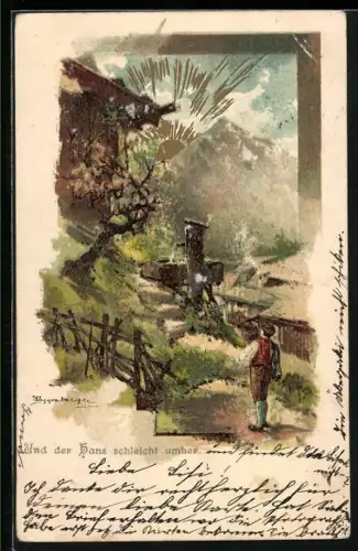 Künstler-AK Theodor Guggenberger: Hans vor Hütte in den Bergen bei Sonnenschein