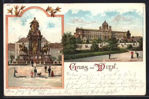 Lithographie Wien, Maria Theresien Denkmal und K. k. Museum