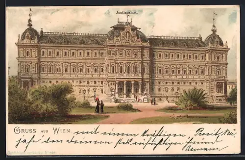 Lithographie Wien, Justizpalast mit Parkanlage