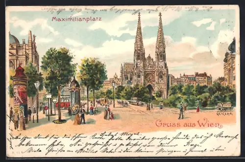 Künstler-AK Richard Hegedüs-Geiger: Wien, Sicht über den Maximilianplatz mit Litfasssäule
