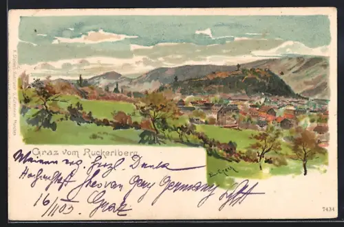 Künstler-AK Emil Czech: Graz, Ortschaft vom Ruckerlberg gesehen