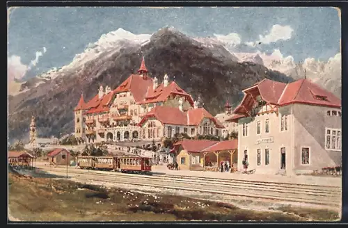 Künstler-AK Fulpmes, Grand Hotel Stubai am Bahnhof, Eisenbahn