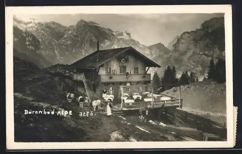 AK Bärenbad Alpe, Gebäudeansicht mit Kühen, Wirtspaar und Bergpanorama