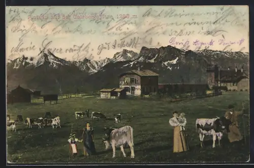 AK Gaisbergspitze, Plateau, Orts- u. Bergpanorama mit kleiner Versammlung und Kühen