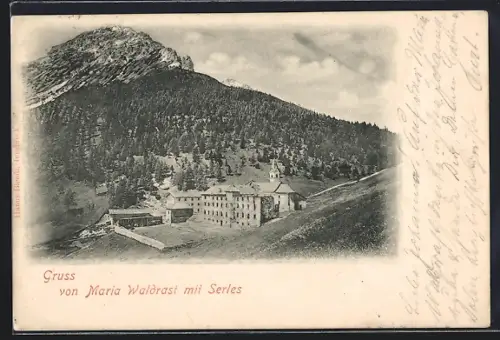 AK Maria Waldrast, Ortsansicht mit Serles aus der Vogelschau