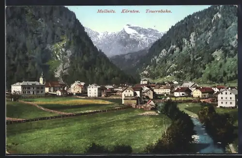AK Mallnitz, Partie mit Tauernbahn, Ortsansicht