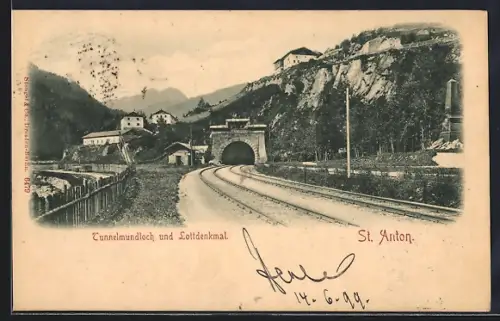 AK St. Anton /Tirol, Tauernbahn, Tunnelmundloch und Lottdenkmal