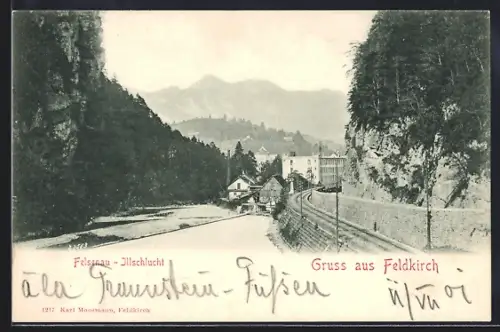 AK Feldkirch, Felsenau-Illschlucht, Ortspartie mit Bahnschienen