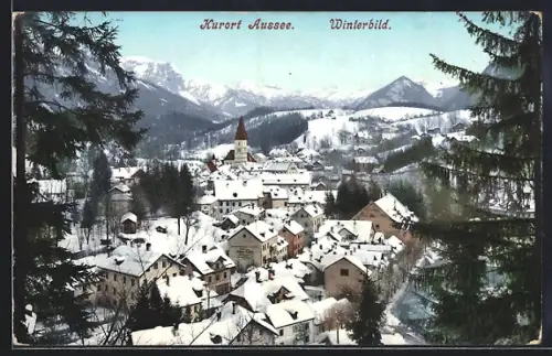 AK Aussee, Ortsansicht mit Bergpanorama im Winter