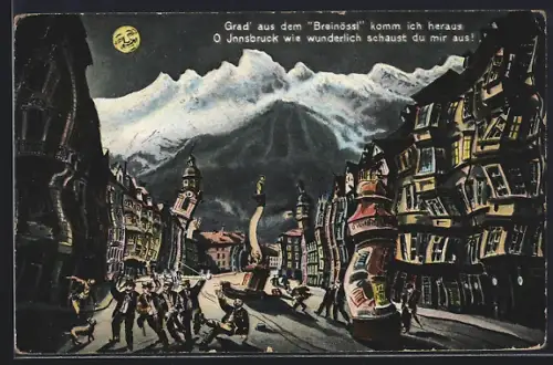 Künstler-AK Innsbruck, Strassenszene am Gasthaus Breinössl aus der Sicht von Betrunkenen, Feiernde Studenten, Mond