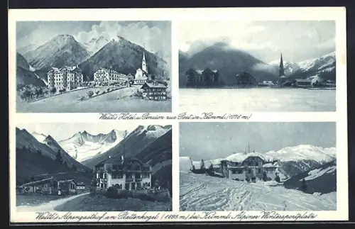 AK Krimml, Stadtpanorama im Winter, Waltl`s Hotel und Pension zur Post, Alpengasthof am Plattenkogel