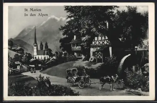 AK St. Marien, Hundegespann mit Ortsansicht