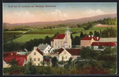 AK St. Lorenzen am Wechsel, Totalansicht mit Feldern aus der Vogelschau