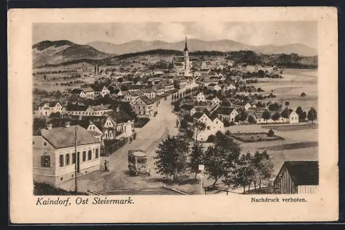 AK Kaindorf /Ost Steiermark, Totalansicht mit Strasse und Bergpanorama aus der Vogelschau