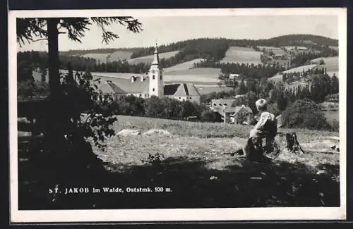 AK St. Jakob im Walde, Ortsansicht mit Kirche und Umgebung, Knabe mit Hund