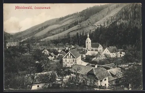 AK Mönichwald /Oststmk., Totalansicht mit Bergblick aus der Vogelschau