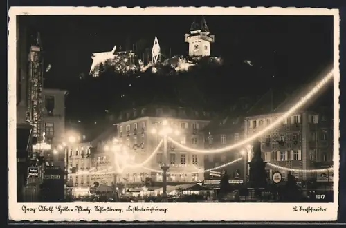 AK Graz, Platz bei Nacht und Festbeleuchtung, Blick zum Schlossberg, 