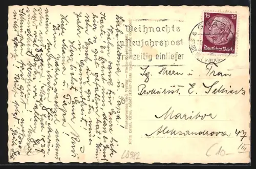 AK Graz,  Platz mit Festbeleuchtung, mit Schlossberg, Neujahrsgruss