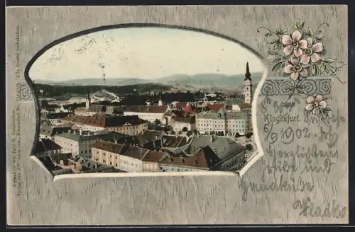 Lithographie Klagenfurt, Teilansicht aus der Vogelschau, im Passepartout, Blumen