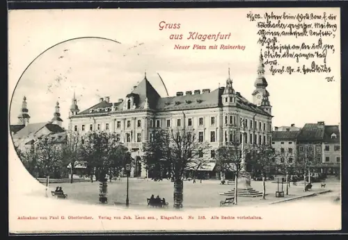AK Klagenfurt, Neuer Platz mit Rainerhof u. Säulendenkmal