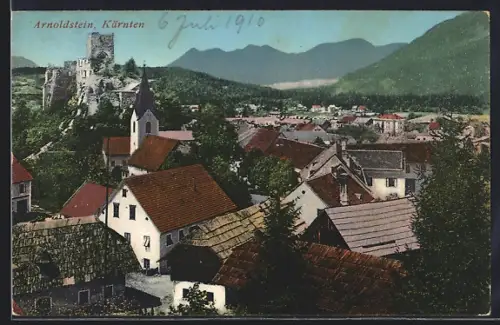 AK Arnoldstein /Kärnten, Totalansicht mit Burg und Bergpanorama