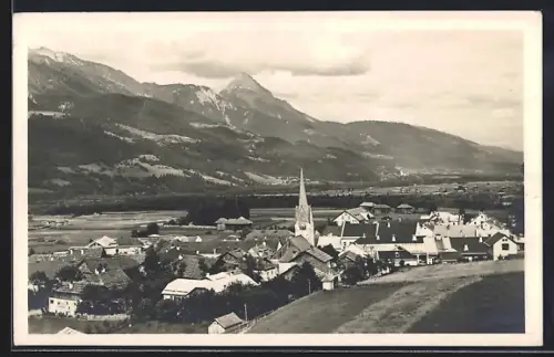 AK Mauthen im Gailtal, Ortsansicht mit Gipfelpanorama von einer Anhöhe aus