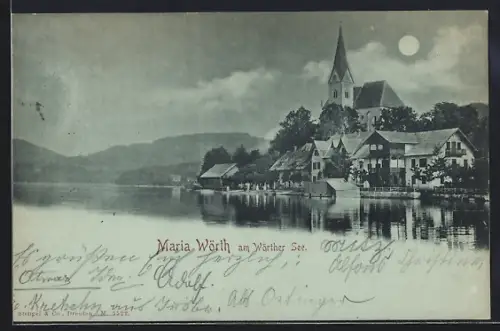 Mondschein-AK Maria Wörth am Wörther See, Uferpartie mit Kirche