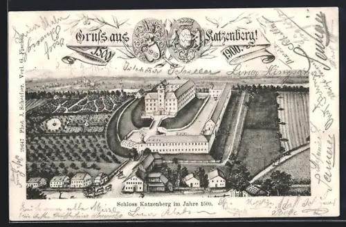 Lithographie Kirchdorf am Inn, Schloss Katzenberg im Jahre 1300, Wappen