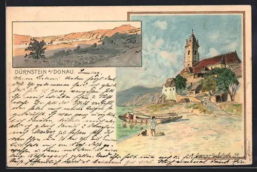 Lithographie Dürnstein a. D., Teilansicht der Kirche, Landschaftspartie