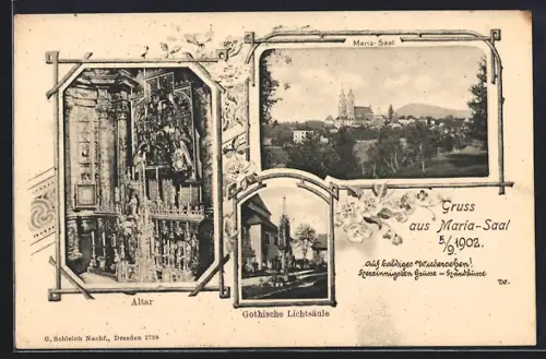 AK Maria Saal, Teilansicht mit Kirche, Altar, Gothische Lichtsäule