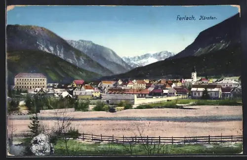 AK Ferlach /Kärnten, Teilansicht mit Bergen