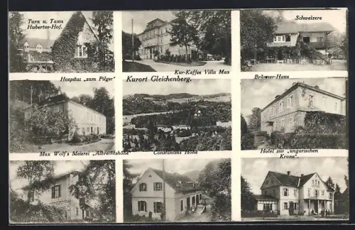 AK Gleichenberg, Hotel zur ungarischen Krone, Kur-Cafe Villa Max, Meierei Albrechtshöhe Max Wolf